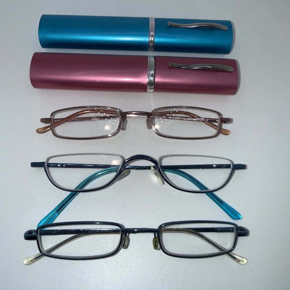DOUBLETAKE +2.00 Reading Glasses - 3 Pairs & 2 Cases- Pink & Blue Compact Cases